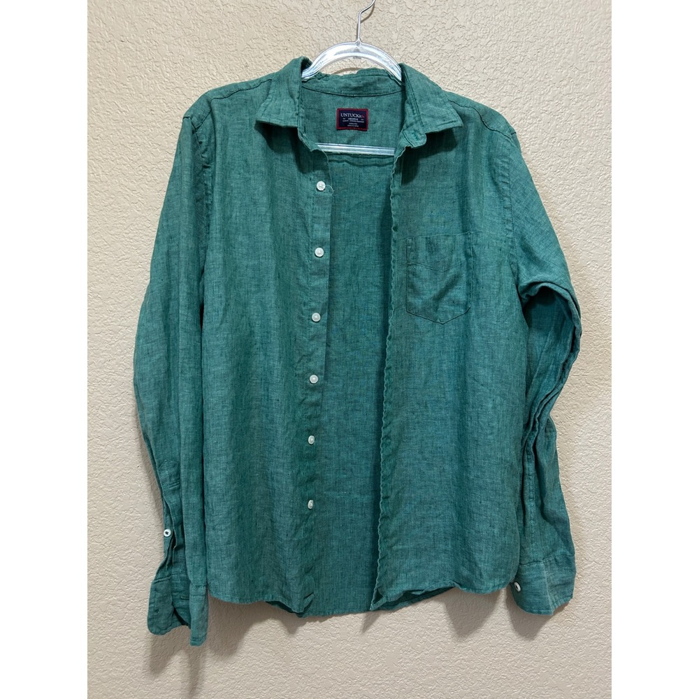 UNTUCKit Medium Linen Slim Fit Button Down Shirt Green Coastal Summer Breathable